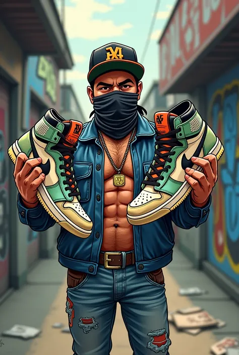 A Cholo with a handkerchief on his face ,  holding some sneakers with his two hands cartoon 
