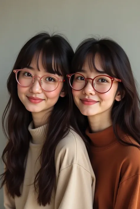 
 Two brunette twins :  loose hair, with bangs,  identical appearance .
a blonde with glasses :  long hair, with bangs,  wearing round rosé glasses , olhos claros
Outra  loira com  Dark eyes:  long hair, no bangs.
A small one:  short hair, with bangs,  Dar...