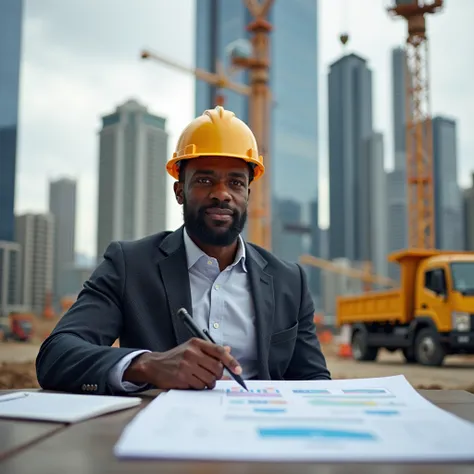  Avatar of an elegant African man ,  construction manager with a safety helmet on his head , en tenue de travail au chantier ,  a project plan on a table in front of him ,  last him of the skyscrapers under construction  , with crane operator tops , Trucks...