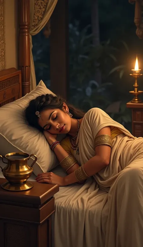 A detailed and artistic depiction of a beautiful Indian woman from ancient times, lying on a traditional wooden cot with her head resting on a soft pillow. Beside her, a polished brass pot (venkala sombu) filled with water is placed, symbolizing care and t...