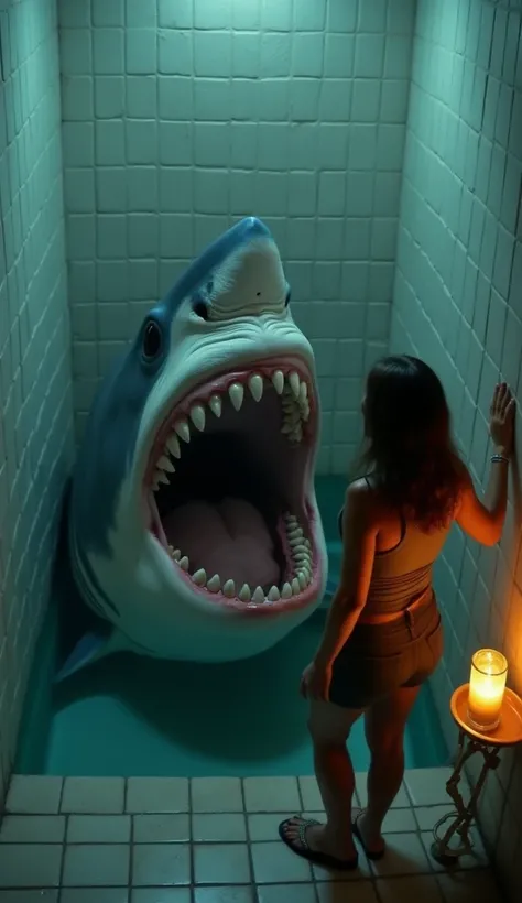 This image appears to be an artistic or surreal rendering of a massive great white shark in a confined space resembling a tiled bathtub or indoor pool. Here's a detailed description prompt:

"An unsettling, surreal image of a giant great white shark partia...