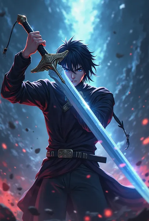 Create an anime character holding a sword that has powers around it