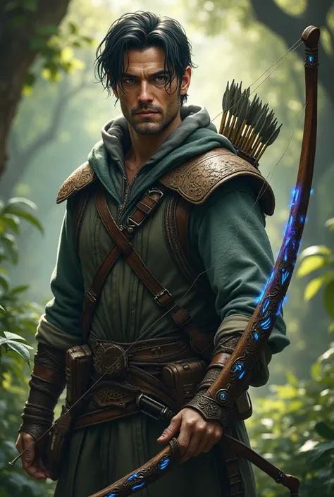 Generate dnd character: ranger with magic bow, man, adult, no beard, Black Hair, Blue eyes