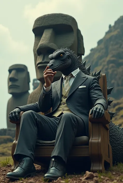 Godzilla drinking wine in fine suit while he is sitting on moai chair