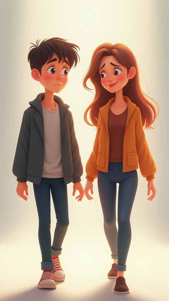 Create a cartoon Full HD 8K illustration with advanced detailing. The image depicts two characters standing side by side, walking in opposite directions. The character on the left has a sad, dejected expression, slouched posture, and muted, darker clothing...