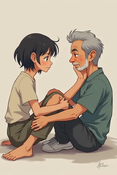 A woman and a age man in realistic style anime sitting on the floor, The girl has bare feet and puts them on the man's face