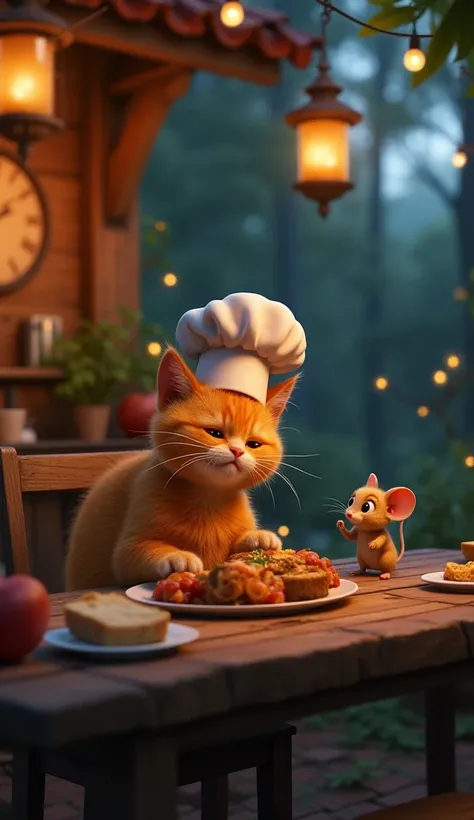 The orange tabby cat is sitting at a wooden table in the outdoor kitchen, savoring the freshly prepared meal. The chef’s hat is slightly tilted, and the cat’s whiskers twitch in delight as it takes a bite. A cozy, magical ambiance fills the air, with firef...