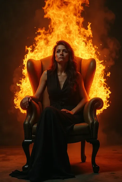  I want to create an image of a woman sitting in a chair with fire coming out of it, realistic, ultra realistic