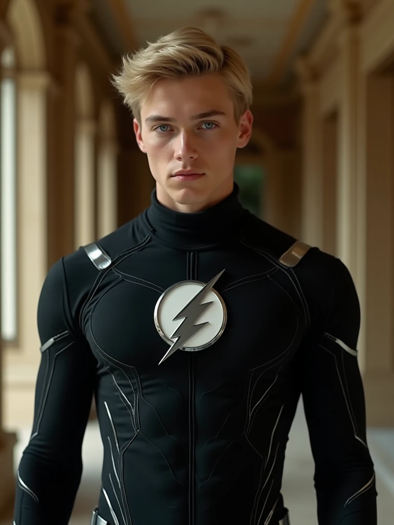 A full body image of  of a seventeen year old blond guy with blue eyes dressed in a stylized black costume,  clearly inspired by the Flash  (Jay Garrick), the DC Comics superhero. The costume features silver details that resemble lightning ,  as the symbol...