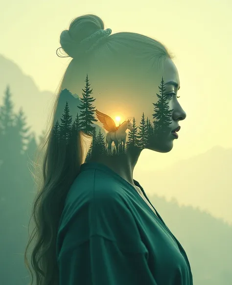  measurements, 8K Ultra HD, A beautiful triple exposure that combines a straight silhouette of a beautiful Chinese girl like a goddess with a green pine forest. There is a white horse with golden wings in the forest, with mountains. The morning sun is a ba...