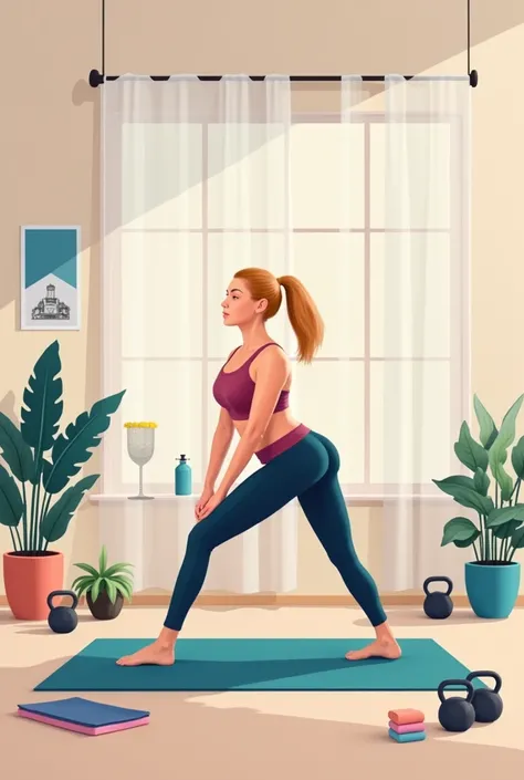 " An illustration of an ideal training environment for exercises focused on the glutes .  The scene may include a home or professional gym space ,  with essential equipment such as a yoga mat , halteres, kettlebells ,  a weight bar and a training bench .  ...