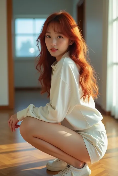 돌핀 반바지를 입은  Korean girl with red hair, She looks at the camera. A camera that highlights the thighs, It highlights the legs.  Korean girl with red hair,  on the thigh:1.3, short cotton shorts sportswear,  dark hair, It highlights the legs.  low angle,  tak...