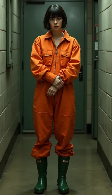 A french girl with short hair and fringe haircut, she's wrapped in a leather straitjacket, arrested in a prison cell. She's wearing a zipped orange prison jumpsuit and green Hunter rubber boots. Fullbody veiw