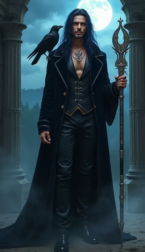 A tall vampire, standing at 1.90m, with an athletic build and an exotic appearance. His skin is bronze with a supernatural glow, eyes glowing intense red, and long, wavy black hair with a blue sheen. He has no beard, an angular face with high cheekbones, a...