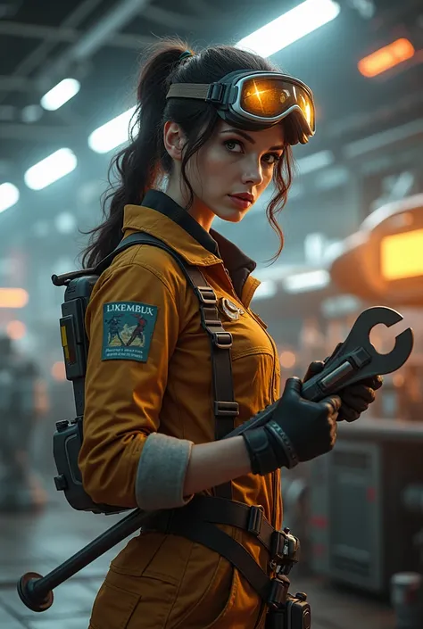 Female Starship mechanic, sci-fi, goggles, holding a wrench, jumpsuit, flirtatious, spaceport