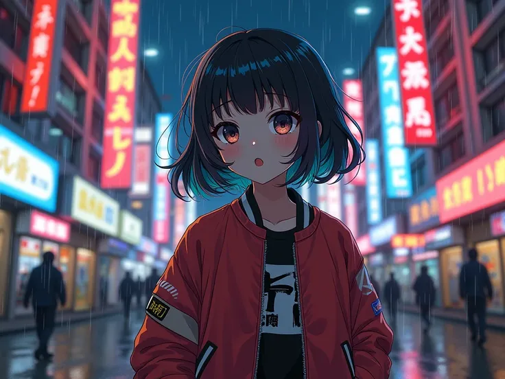 Anime girl with bomber jacket on rain with japanese background and neon signs