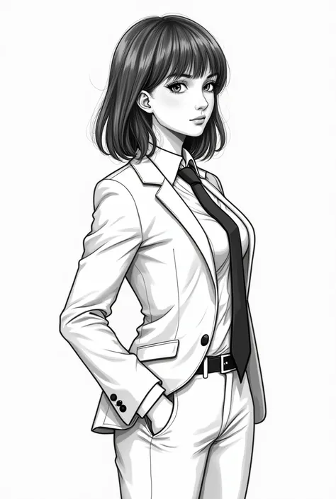  Drawing of a woman with medium hair, no bangs, suit and tie,  trending on Deviantart ,  realism ,  detailed manga style ,  manga art style , perfect linear drawing, beautiful linear art, black and white manga,  in manga style , pencil drawing, comic drawi...