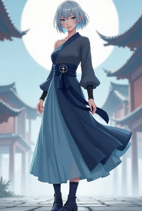 Request

A highly realistic depiction of a female inspired by a ninja character, with short layered hair in shades of silver and light blue. She has an angular jaw, almond-shaped whitish-blue eyes, and a confident smile. Her outfit is asymmetrical, with a ...