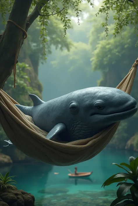 Take a picture of a whale lying in a hammock