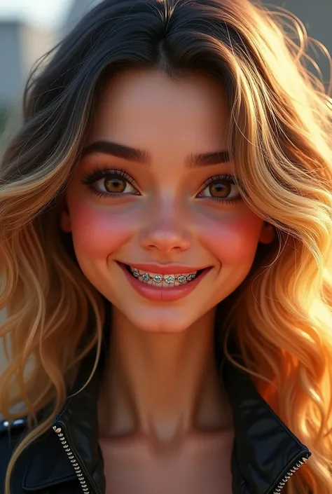 pixar style woman wavy curly hay , dark roots to blond hair, theath braces, brown eyes, black leather jacket 