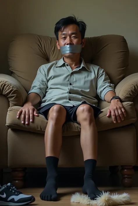 Malay men, taper fade hair, casual shirt, slammed backward old sofa (His both hands lock behind the back), (mouth duct tape gagged), wearing no show style black socks,his legs on a chair,shoesless, a pair of  12 UK Nike sport black shoes beside the sofa as...