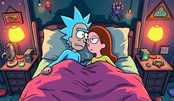 A couple making love under the sheets in a bed, drawn in the distinctive art style of Rick and Morty. The scene is suggestive but maintains the humor and exaggerated expressions typical of the show, with the couple partially covered by colorful, crumpled s...