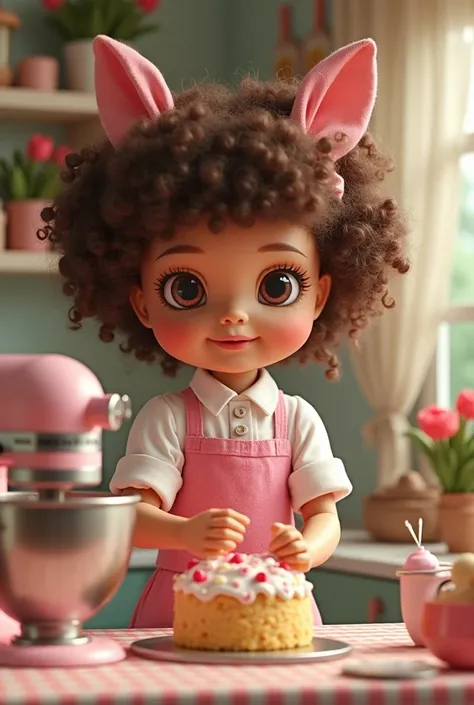 A pastry doll assembling a cake in the kitchen , Big hair curly brown eyes,Pink Apron,  white blouse, mixer, flores,