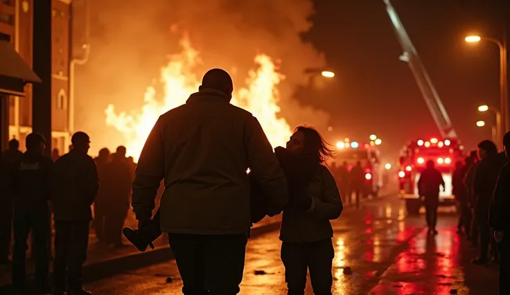 "A heroic and intense scene set in Los Angeles at night, with Big Shaq depicted as a courageous figure amidst a raging building fire. The setting features a burning apartment complex, with flames and smoke billowing into the dark sky. Big Shaq, wearing a s...