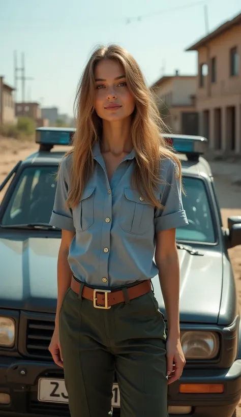 21 year old woman with long hair, random hair color, breast size 3, stands on the roof of a large powerful police special forces car, the girl is dressed in a summer police uniform in trousers and a shirt, a leather belt, without a weapon, looks suspicious...