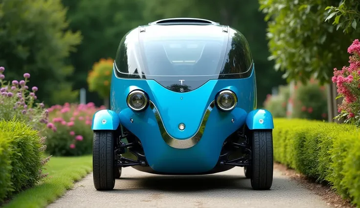 2025 tricycle camper colour blue front view in  beautiful garden 