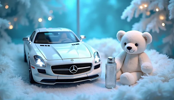 ptotorealistic white mercedes sls luxury car with chrome plated elements, cute white plush bear with glitter nose and paws sits near on the white fluffy fur couch with glitter elements, water bottle illuminating with a light. In a white very fluffy Fur glo...