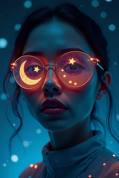  The model is wearing sunglasses with stars and the moon on the lenses