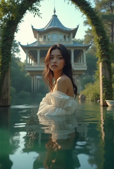 portrait a beaugiful woman on the large house that is suspended above a large pond on a bridge-like arch structure that spans the width of the pond. ultra rdalistic, ultra hd, high quality