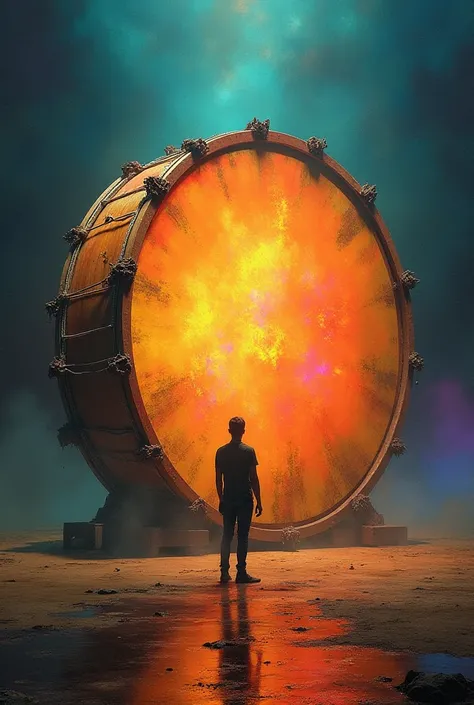 A person standing at a distance, looking at a large, colorful drum from afar. The drum could be surrounded by a glowing aura, making it appear alluring and attractive.
In the foreground, show the same person walking closer to the drum, where it now looks w...