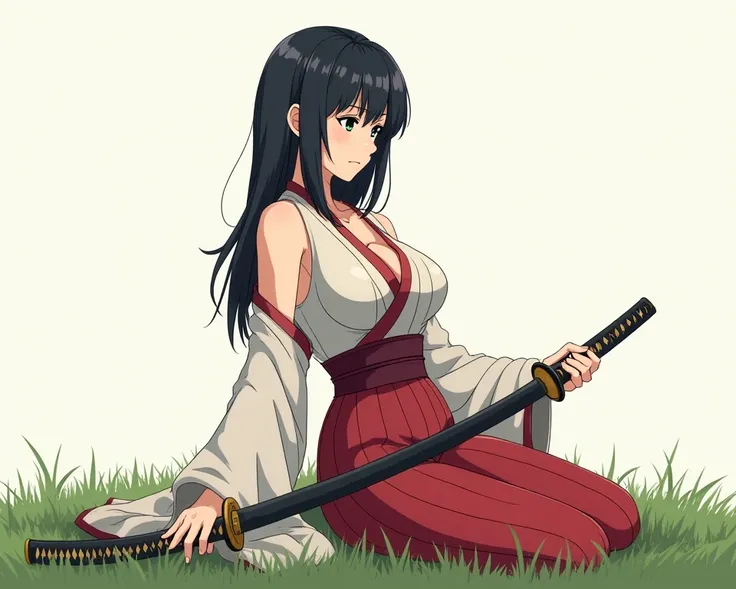  Draw a slim samurai anime girl with big and lush breasts.  She is wearing a tight kimono ,  The kimono has a neckline , in which the chest is visible.  her hair is black , she has 5 fingers on each hand . She is standing in front of the grass . Katana is ...