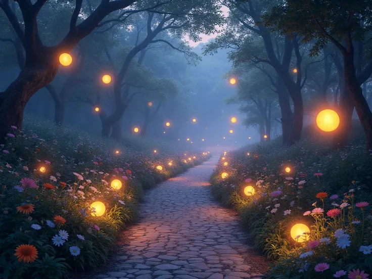 "Wide shot of a garden path lined with flowers, multiple floating luminescent orbs creating a trail of light, deep blues and purples of dusk with golden glowing accents"