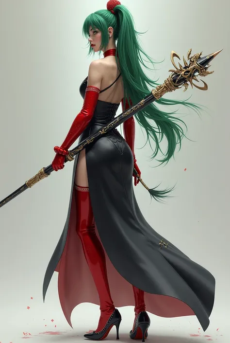 digital art 3d,blur noise,attractive corean woman 28-year-old,green hair,long-long hair,messy hair, athletic body,wearing a sleek, dark, high-slit dress, holding a long pole weapon. She has a futuristic yet elegant appearance, with red gloves, thigh-high s...