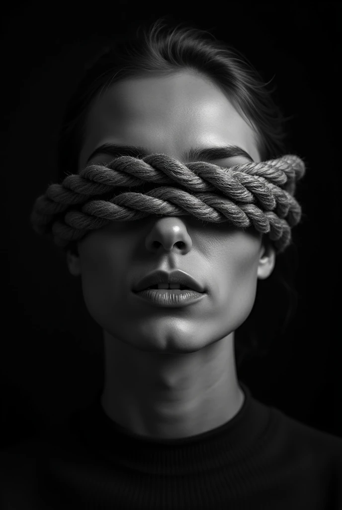 "A surreal black-and-white portrait of a man's face, with her eyes covered by thick, overlapping ropes. The lighting is dramatic, emphasizing the smooth texture of her skin and the rough detail of the ropes. Her lips are slightly parted, creating a sense o...