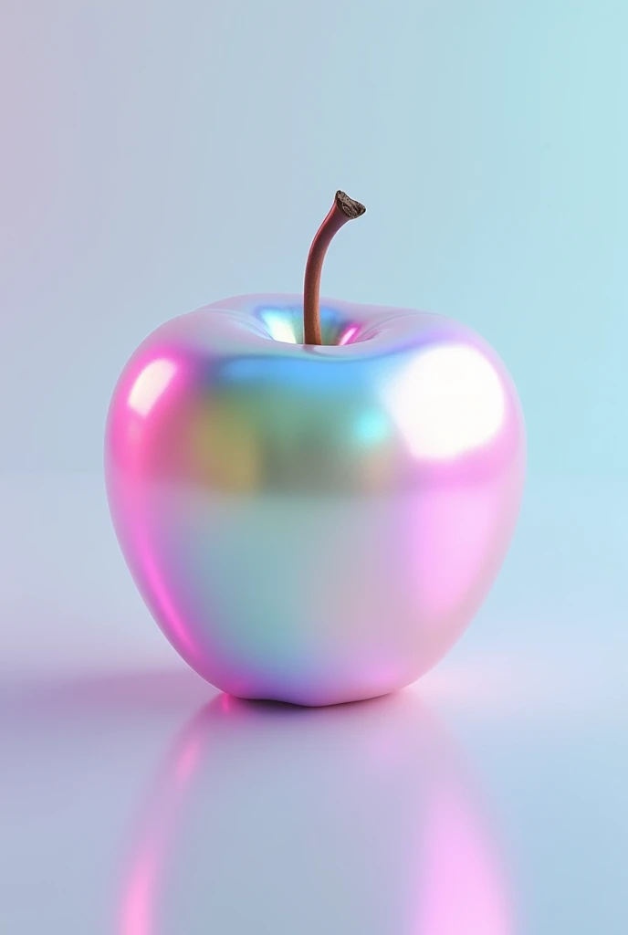 'An iridescent apple with a smooth, glossy surface that reflects pastel rainbow colors, placed on a minimalist reflective surface with soft lighting. the apple has a realistic stem and subtle highlights that create a dreamy, futuristic vibe. Background is ...