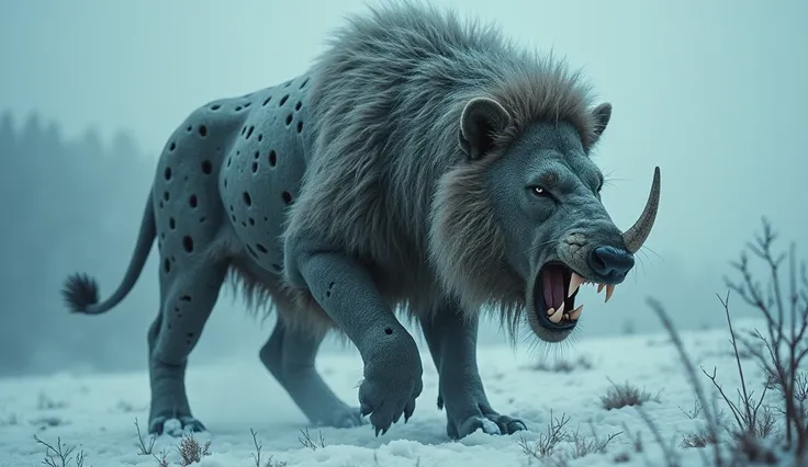 A terrifying and surreal depiction of a wild lion with honeycomb-like holes covering its entire body, exuding a sense of dread. The holes appear organic, with icicles hanging from the edges, adding to the eerie and grotesque effect. The boar is set in a co...