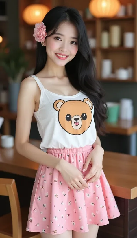 A very beautiful and cute long black hair sexy Thai woman wearing pink printed short skirt, white vest top with teddy bear embroidery on it in the style of Japanese anime, posing for photo at coffee shop. She has big eyes, slim body shape, happy expression...