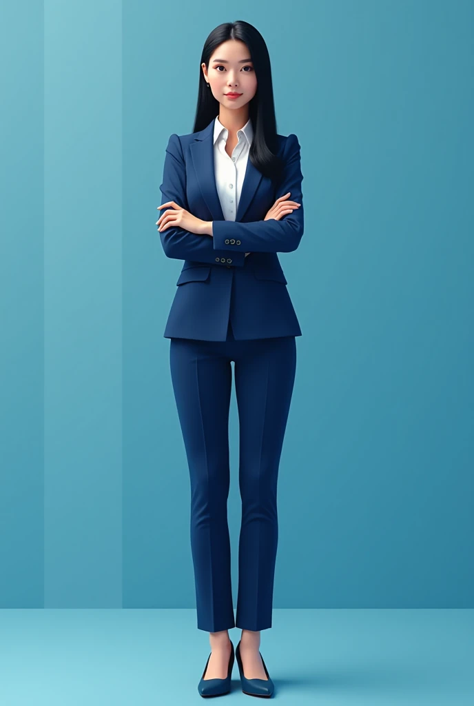 A woman with straight black hair is standing, with arms crossed, in a blue suit