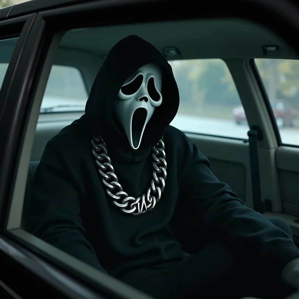 Ghostface wearing a chain with text that says "GEMA" inside a car. From a windows view