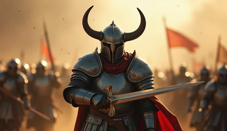 A brave knight stands in the midst of a fierce battle, wearing a striking helmet adorned with two imposing horns. He grips his sword tightly, his stance exuding power and determination. With a thunderous roar, he intimidates his enemies, his fearless prese...