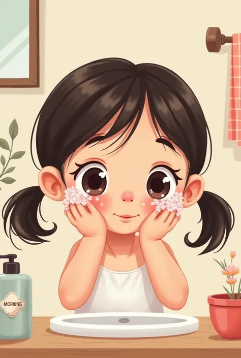 A girl in a cartoon washing her face 9 x 9 