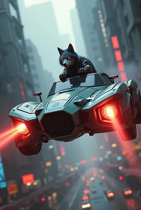 a flying car that launches lasers with a robotic wolf