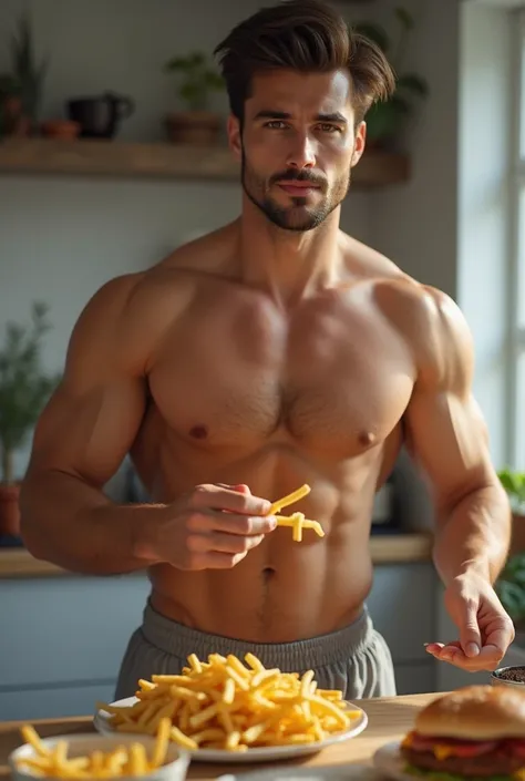 A handsome and athletic young man..  He wears shirtless swingman shorts in his kitchen.  He has a relaxed posture , with a light layer of sweat. He has brown hair La mejor calidad,  realistic, . moustache and goatee .  preparing breakfast . Eating a French...