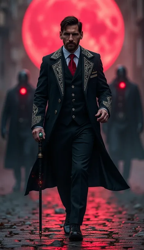 "A full-body cinematic portrait of Lionel Messi as a mafia boss infused with fantasy elements. He strides confidently through a magical cobblestone street under a crimson moon. He wears a sleek black suit with glowing silver runes embroidered into the fabr...