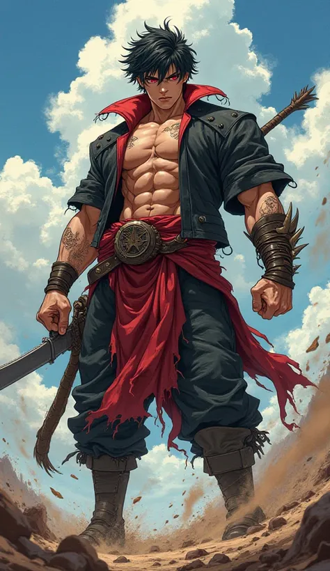  anime-style character, full body,Berserker,man,damaged clothes, black hair and red eyes,strong balanced body , face of a teenager 