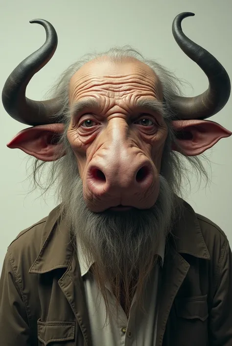  An old man's head is also dangling about 6 or 7 hairs on his chin, like horsehair Draw a human whose lips look like a buffalo's lips like a big elephant's head.